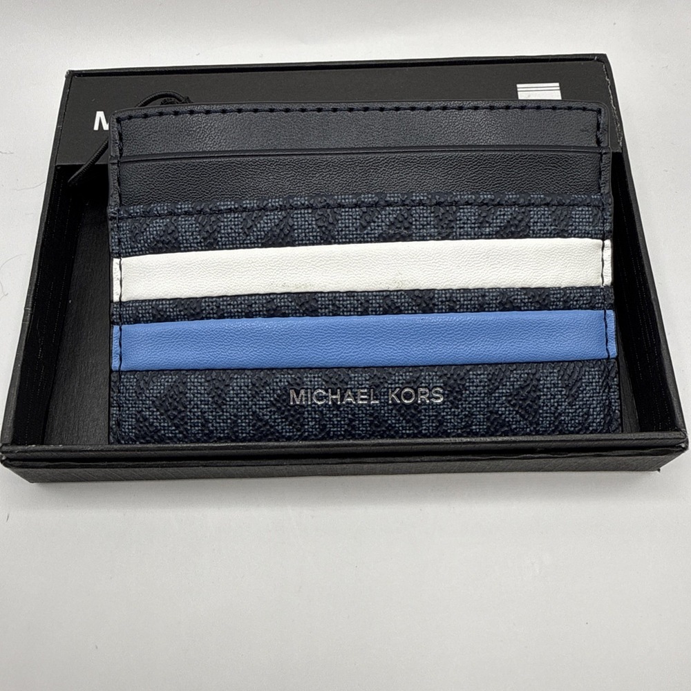 Michael Kors Men's Card Wallet Blue/White/Black Logo Stripe